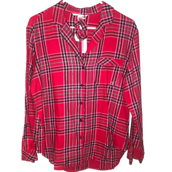 NWT Victoria's Secret Womens Pajama Top Size SP Red Plaid Button Up Long Sleeve - Picture 2 of 7